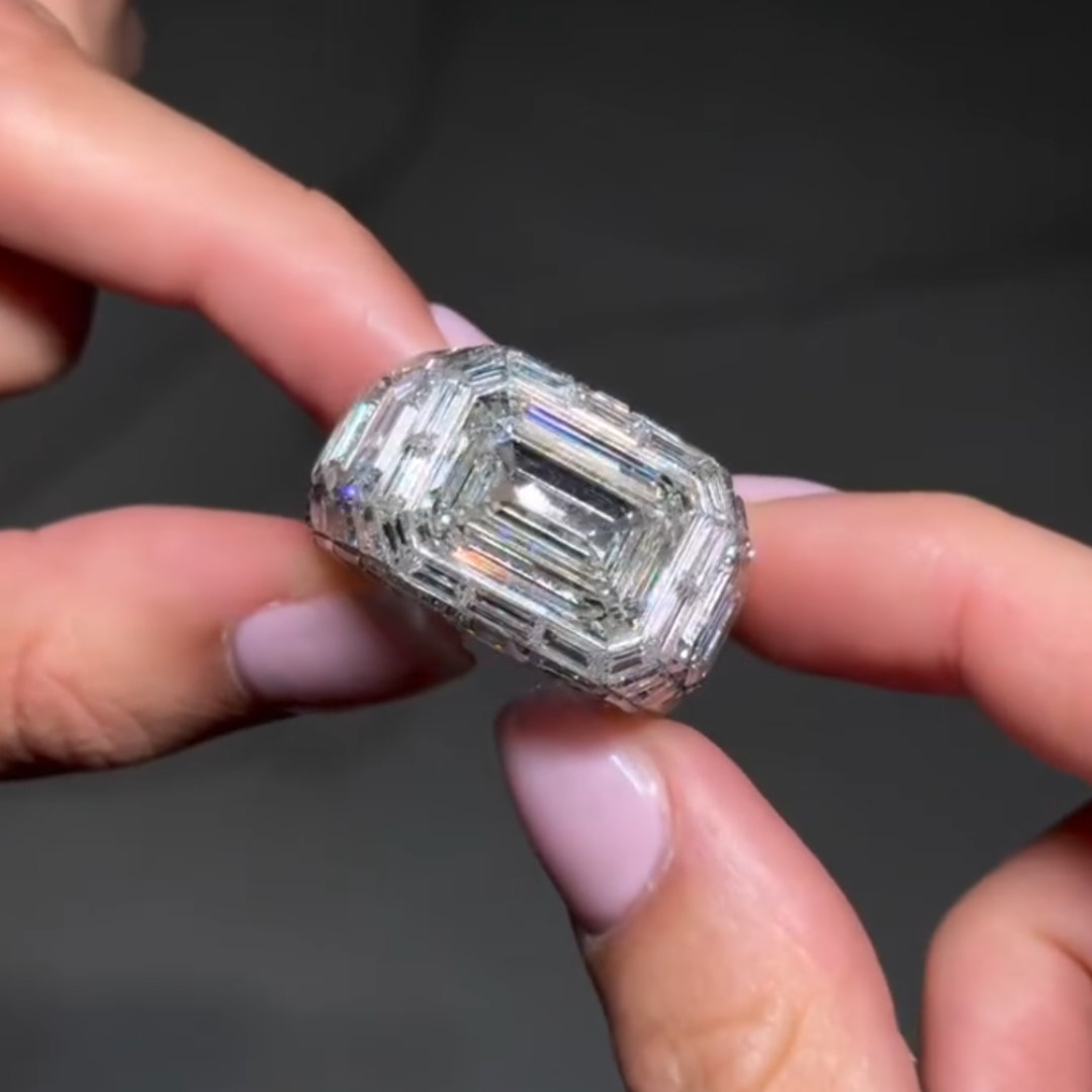 7ct Pave Set Emerald Cut White Stone ring
