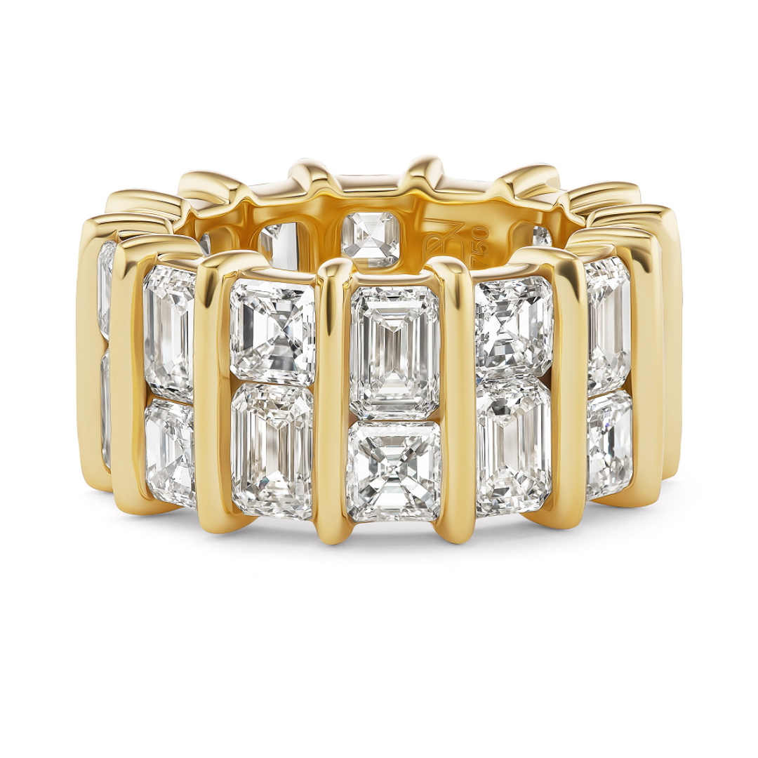 Double-Row Emerald & Asscher Cut White Stone Wide Band