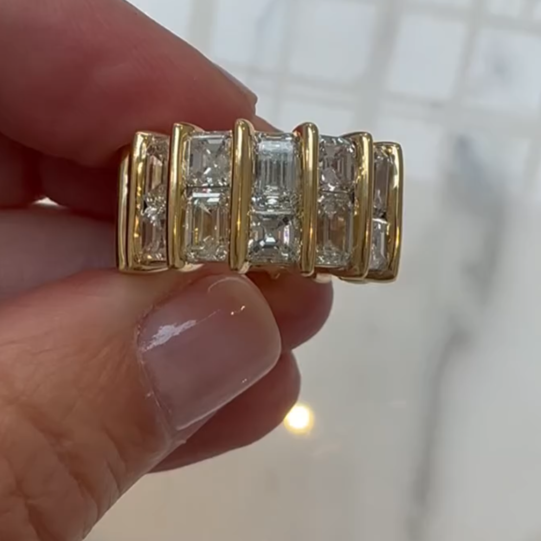 Double-Row Emerald & Asscher Cut White Stone Wide Band