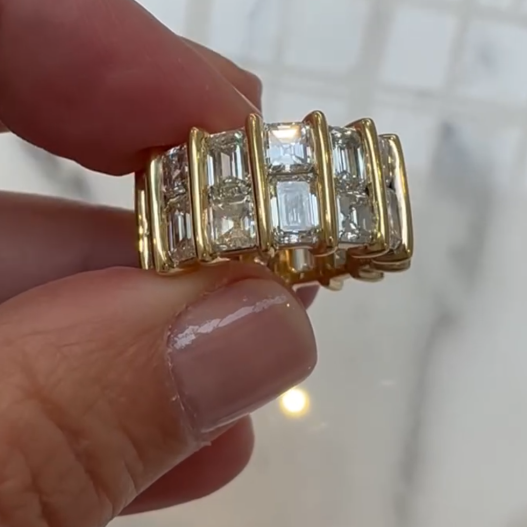 Double-Row Emerald & Asscher Cut White Stone Wide Band