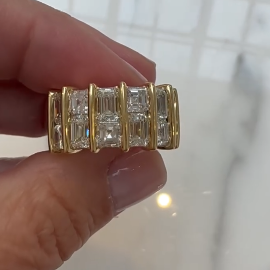 Double-Row Emerald & Asscher Cut White Stone Wide Band