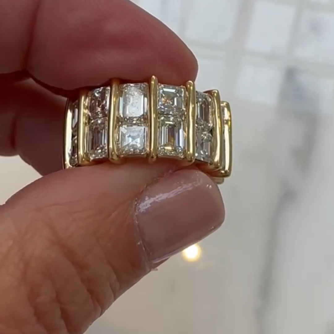 Double-Row Emerald & Asscher Cut White Stone Wide Band