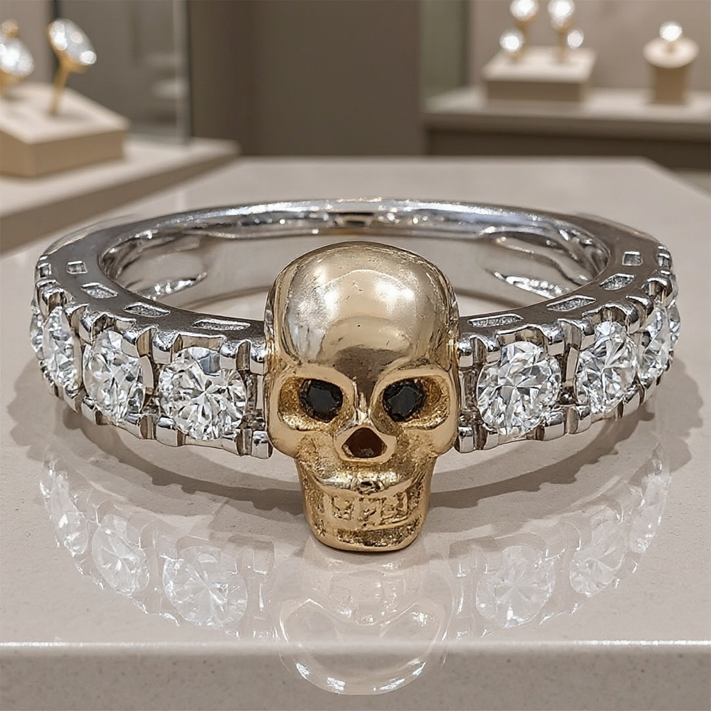 White Stone Skull Ring in Silver
