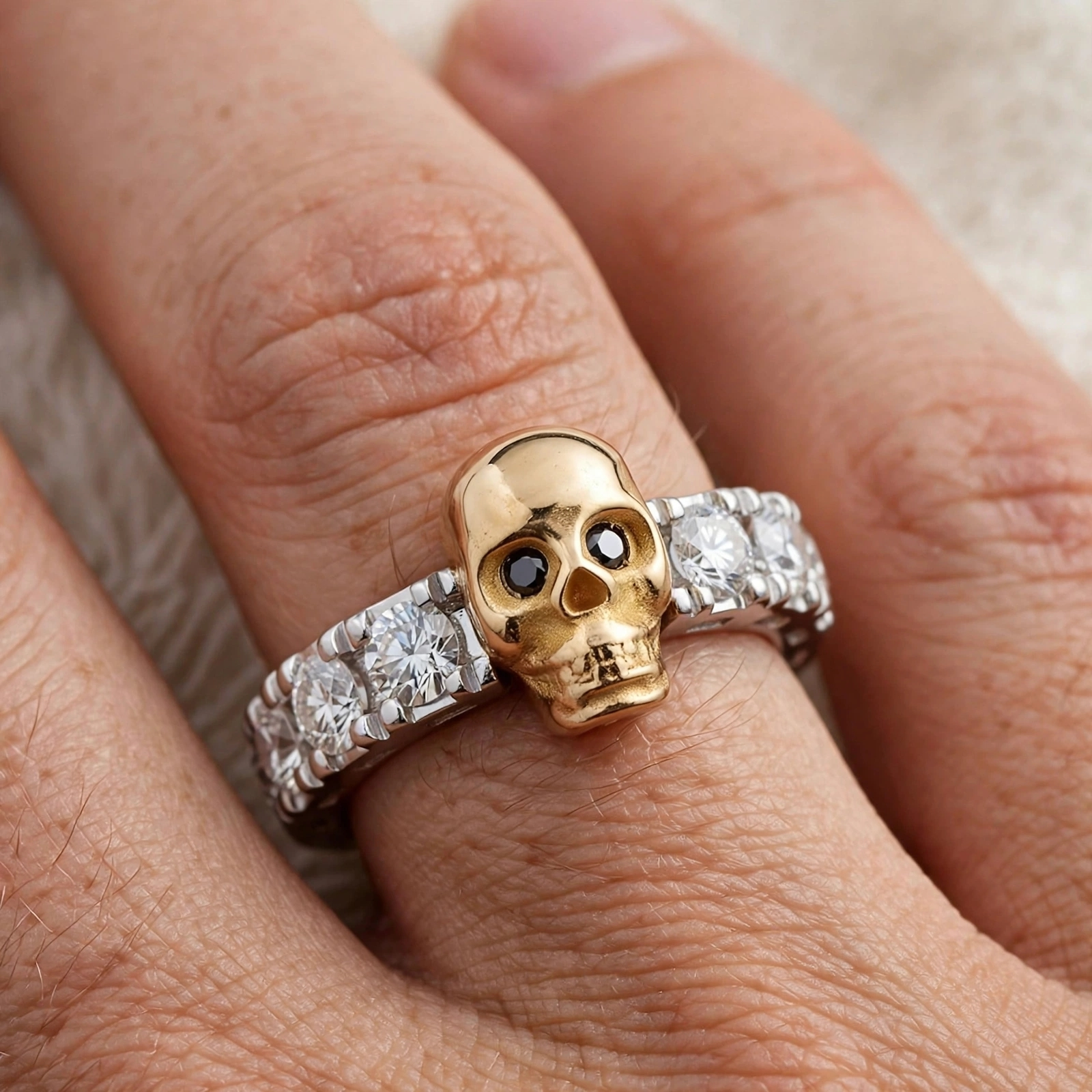 White Stone Skull Ring in Silver