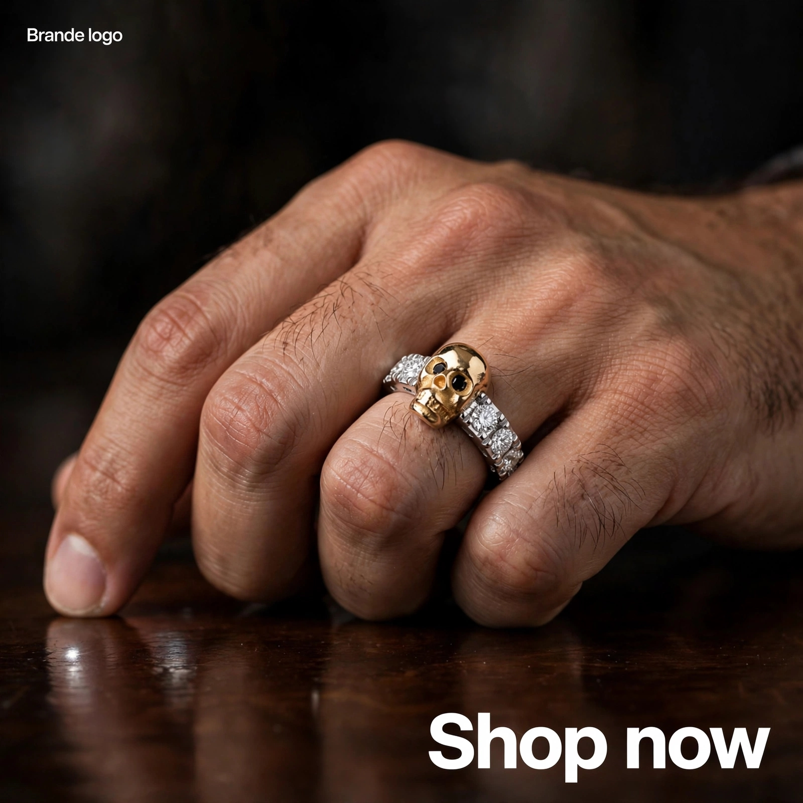 White Stone Skull Ring in Silver