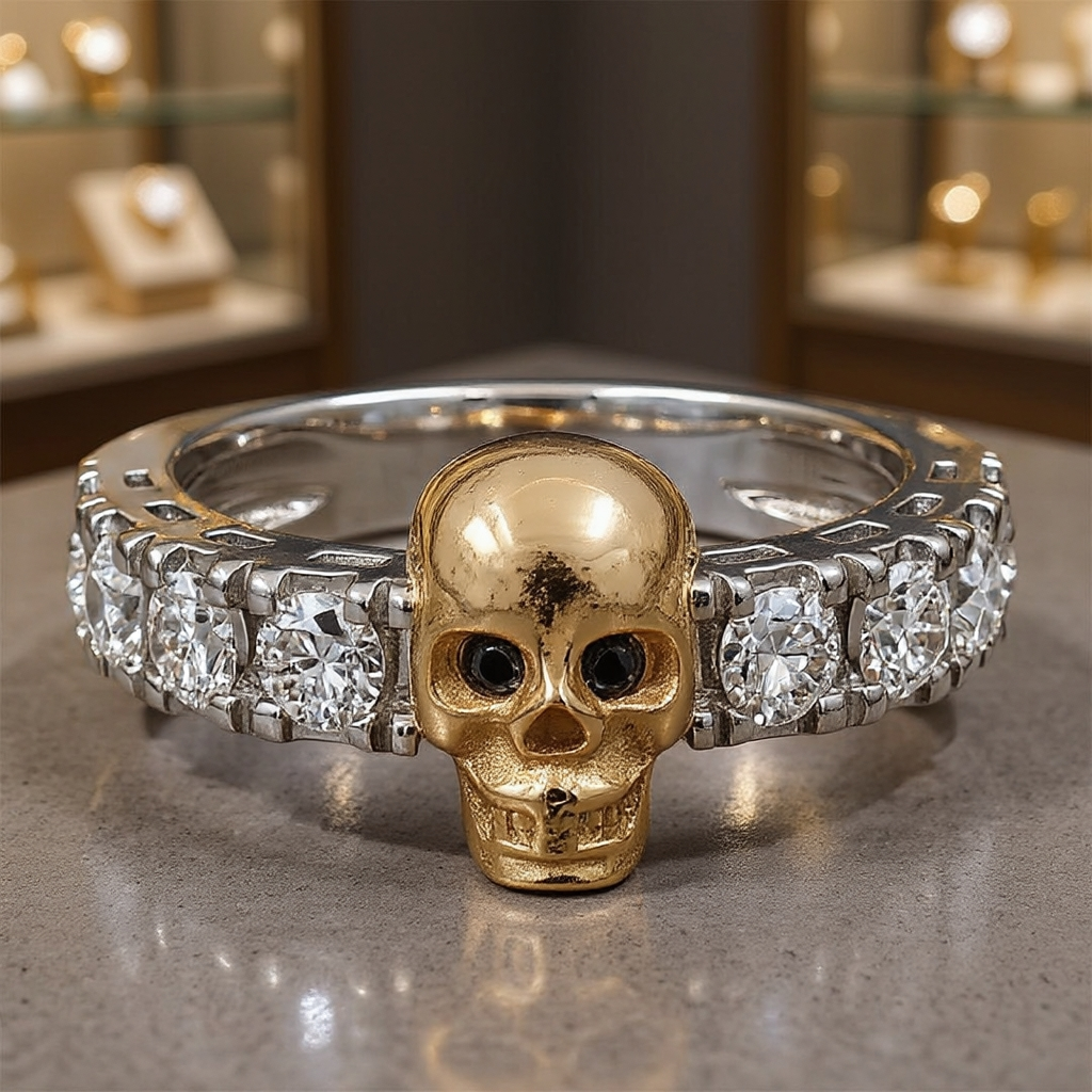 White Stone Skull Ring in Silver