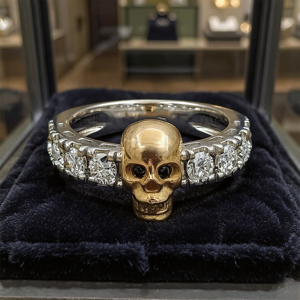 White Stone Skull Ring in Silver