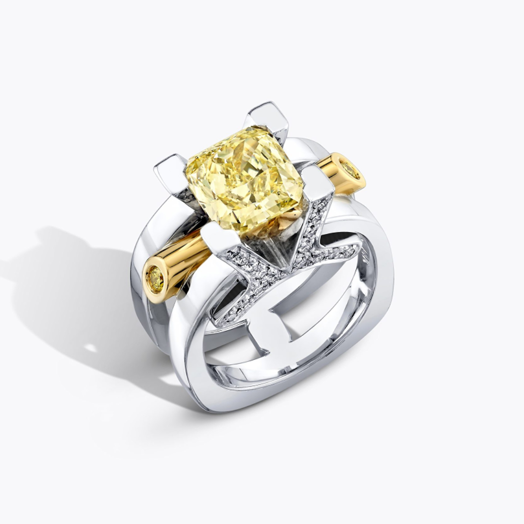  Modern Architure Design Cushion Cut Yellow Stone Ring