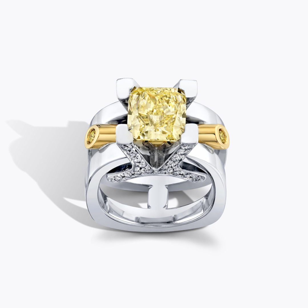  Modern Architure Design Cushion Cut Yellow Stone Ring