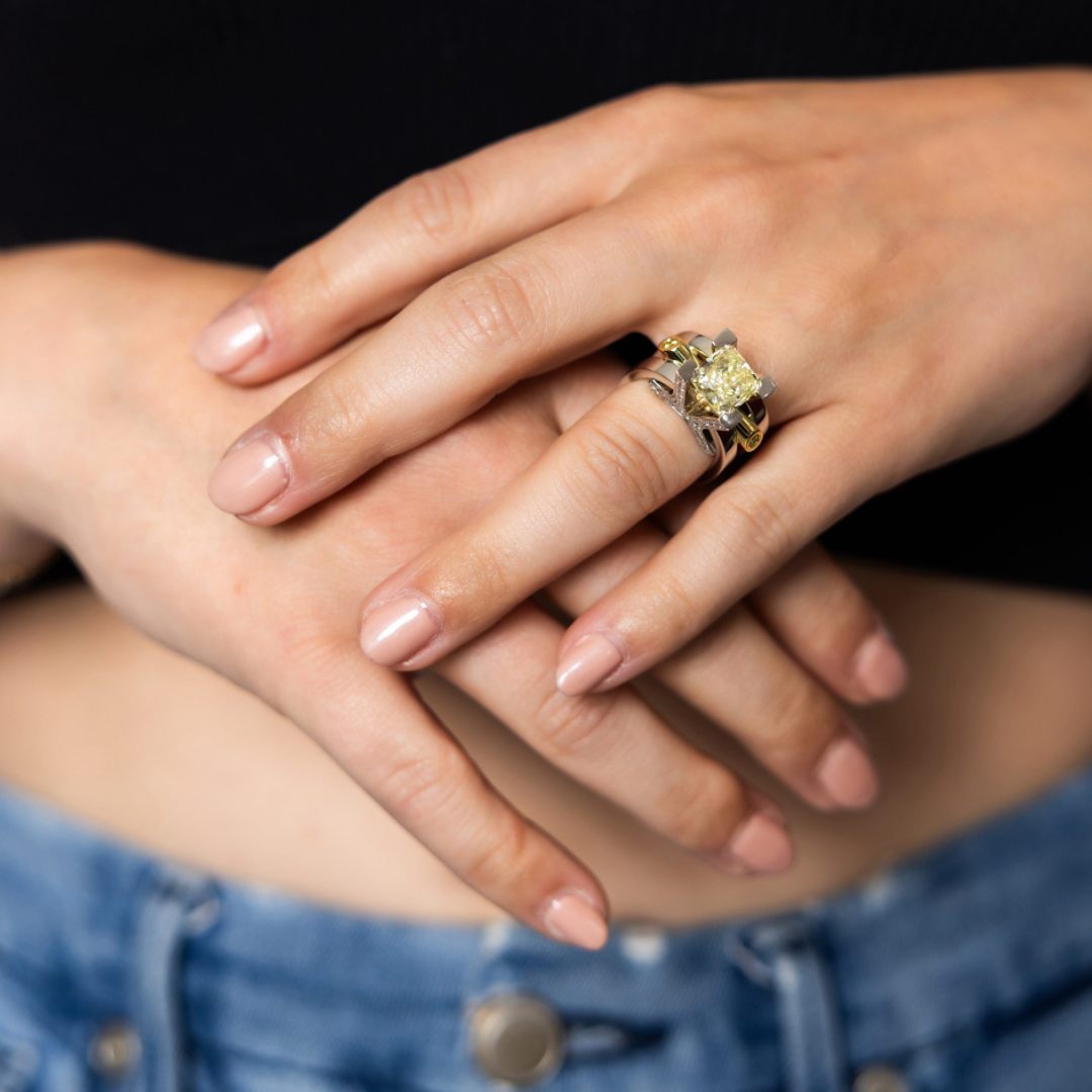  Modern Architure Design Cushion Cut Yellow Stone Ring