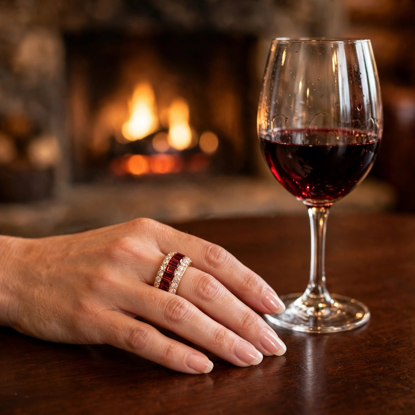 Full Pave Set Garnet Red Stone Wedding Band