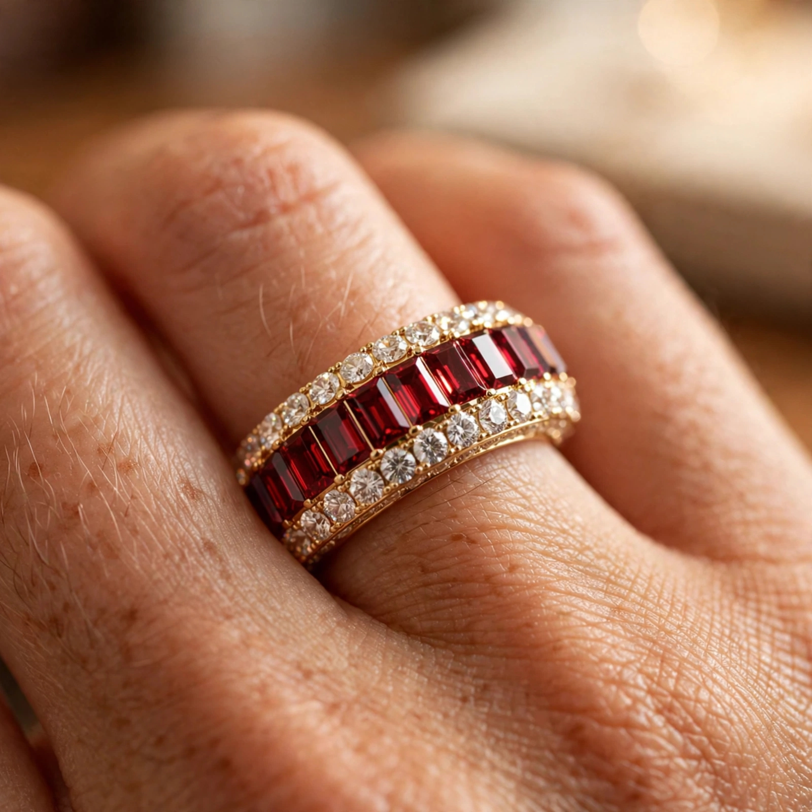 Full Pave Set Garnet Red Stone Wedding Band