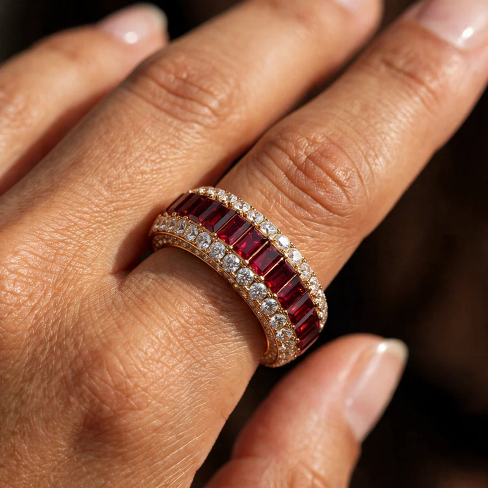 Full Pave Set Garnet Red Stone Wedding Band