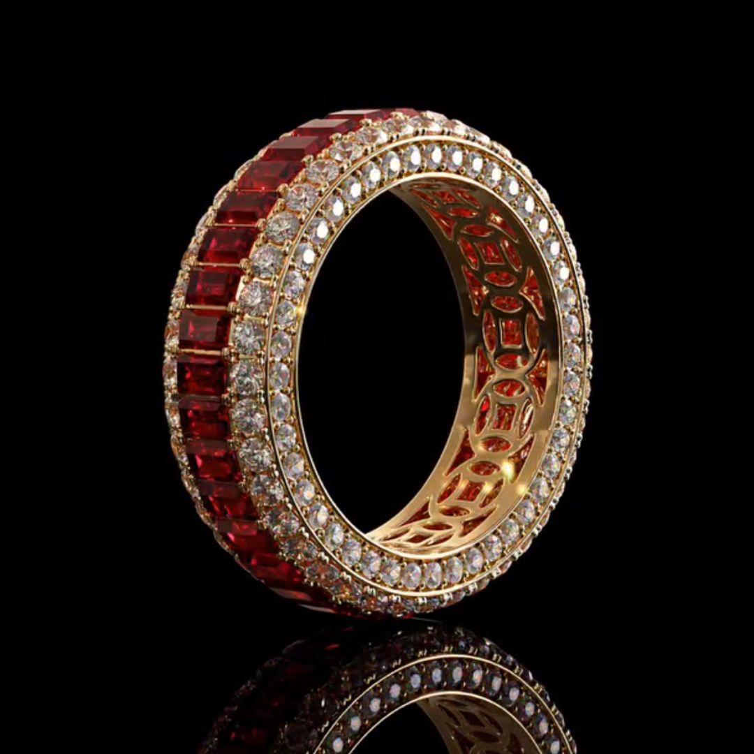 Full Pave Set Garnet Red Stone Wedding Band