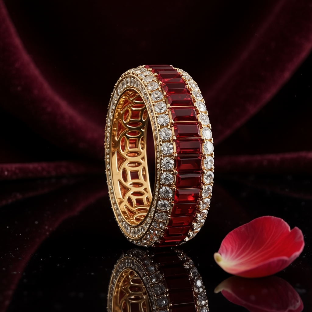 Full Pave Set Garnet Red Stone Wedding Band