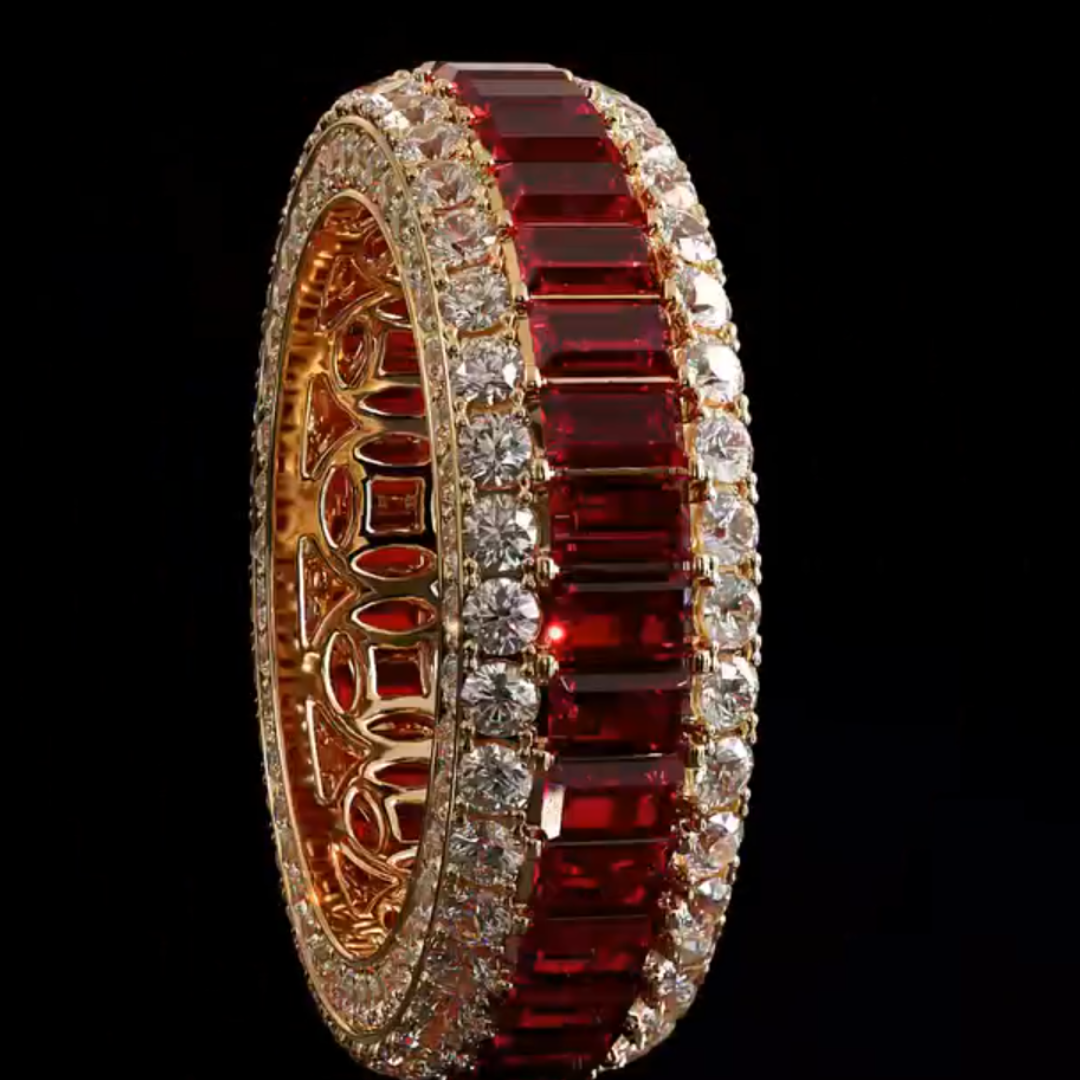 Full Pave Set Garnet Red Stone Wedding Band