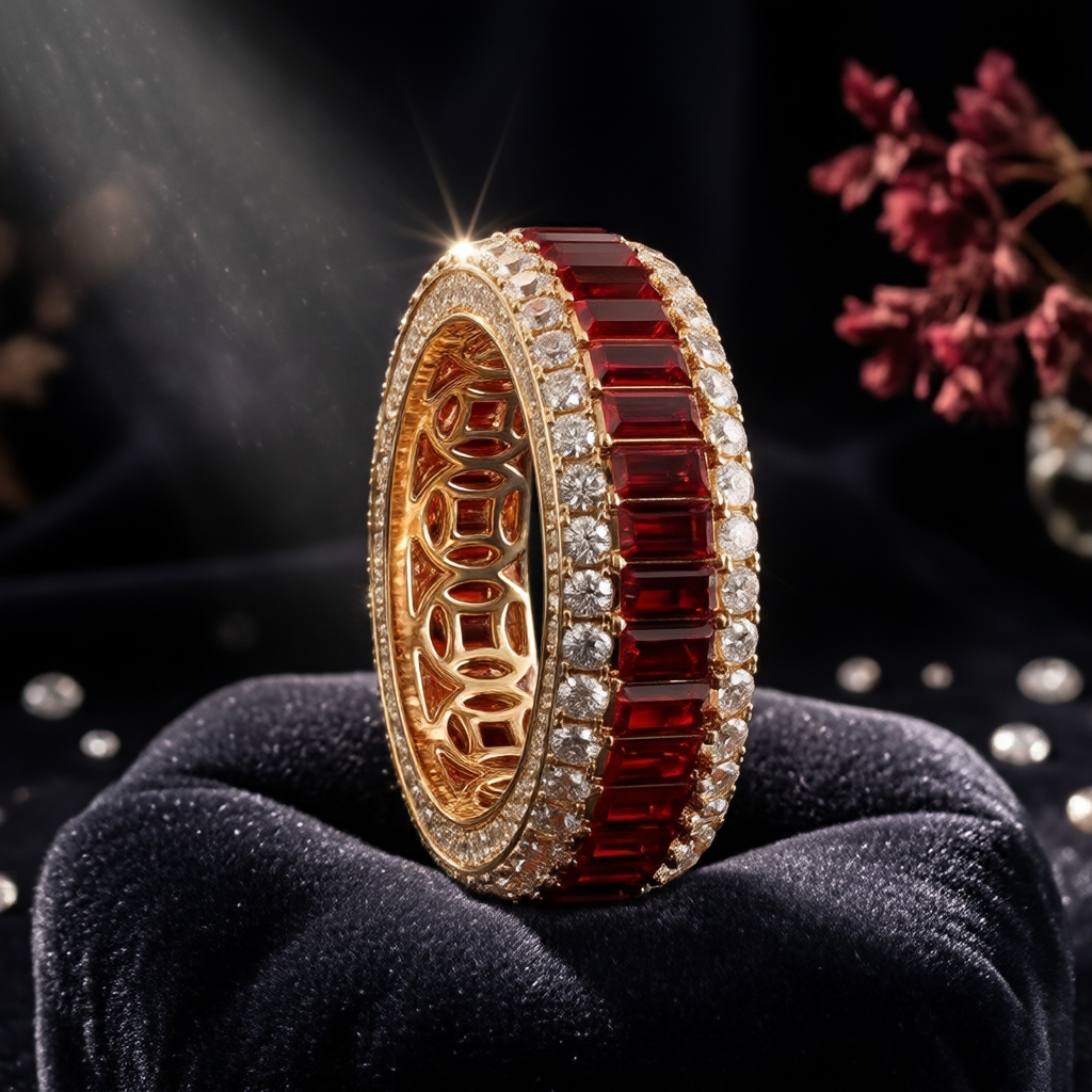 Full Pave Set Garnet Red Stone Wedding Band