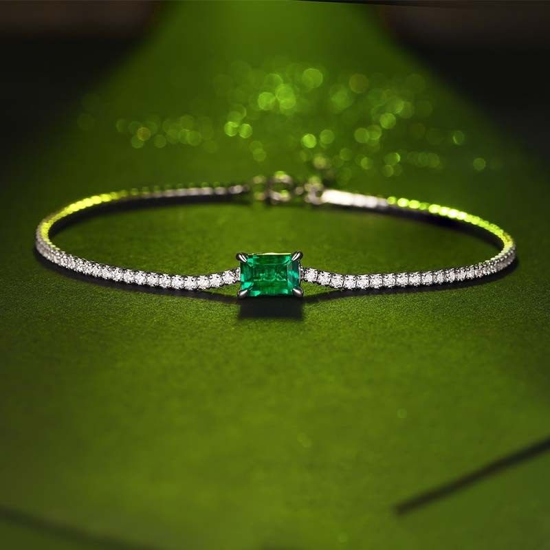 Sterling Silver Unique Emerald With Round Cut Tennis Bracelet