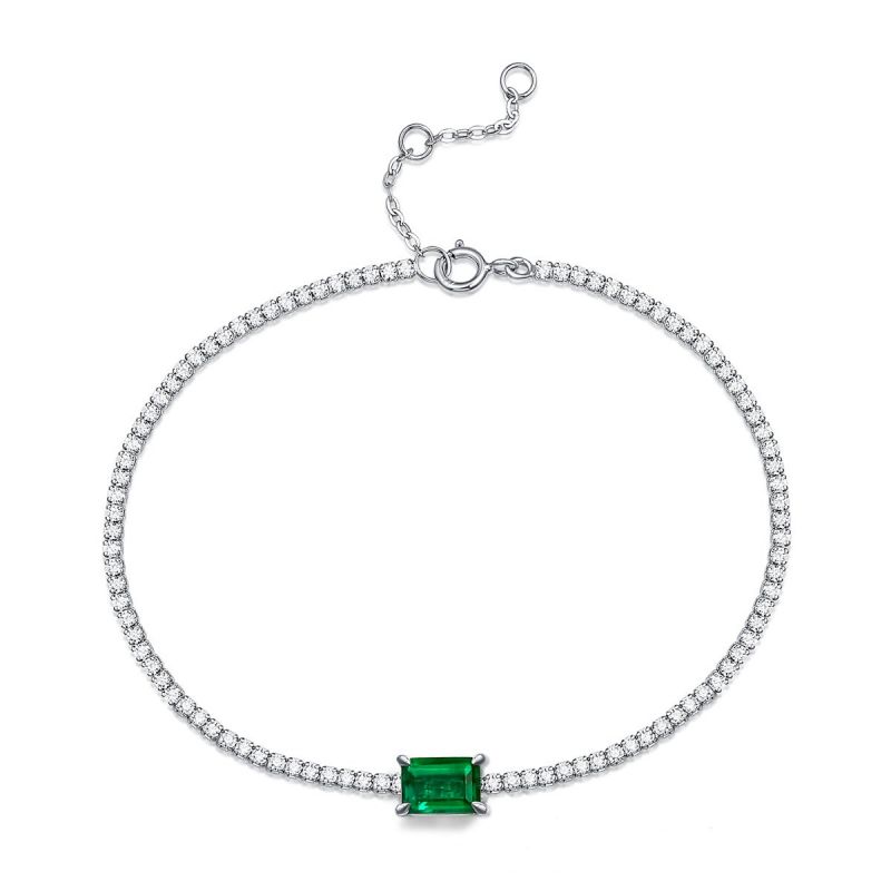 Sterling Silver Unique Emerald With Round Cut Tennis Bracelet