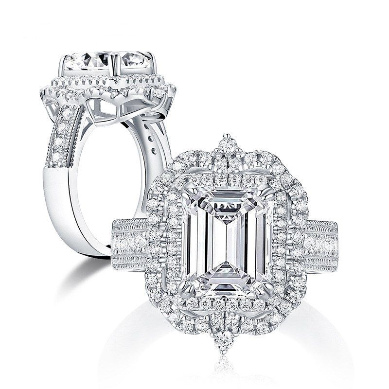 Sterling Silver Vintage Double Halo Emerald With Round Cut Engagement Ring