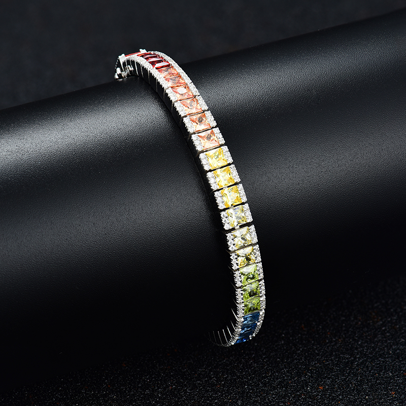 Sterling Silver Multi Color Round And Princess Cut Tennis Bracelet