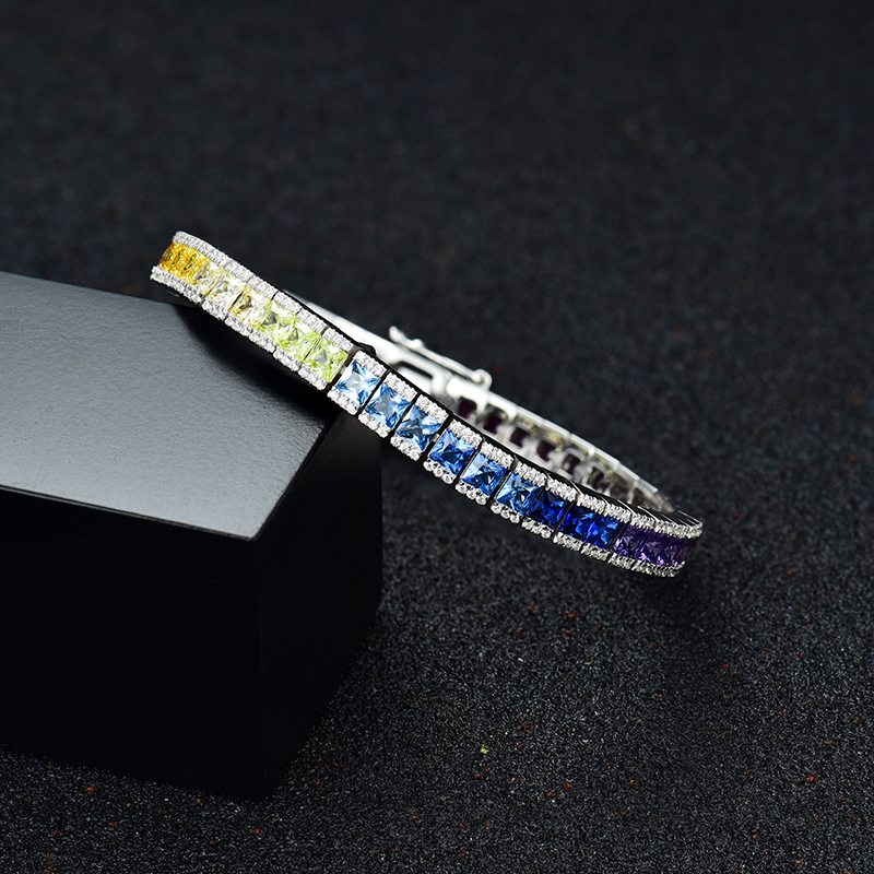 Sterling Silver Multi Color Round And Princess Cut Tennis Bracelet