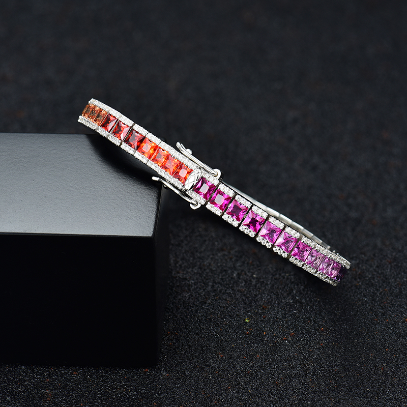 Sterling Silver Multi Color Round And Princess Cut Tennis Bracelet