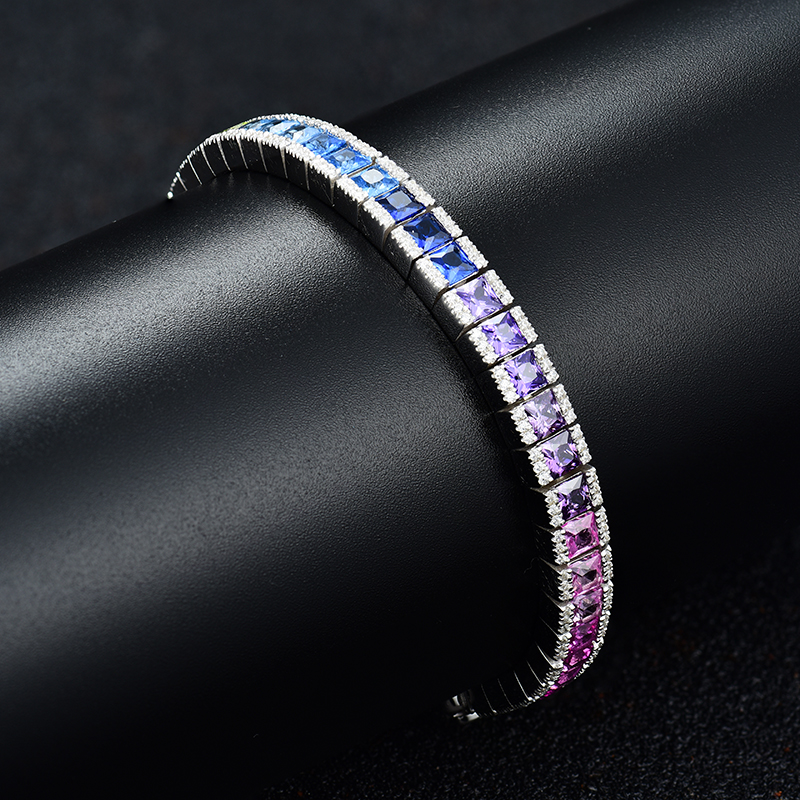 Sterling Silver Multi Color Round And Princess Cut Tennis Bracelet