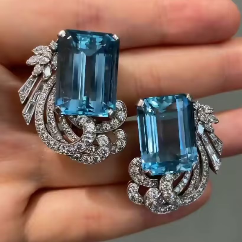 6.55ctw Aquamarine & White Stone Stud Earrings