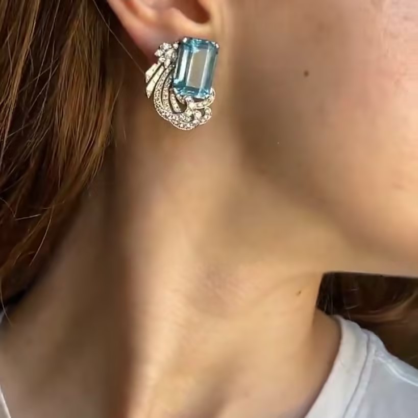 6.55ctw Aquamarine & White Stone Stud Earrings