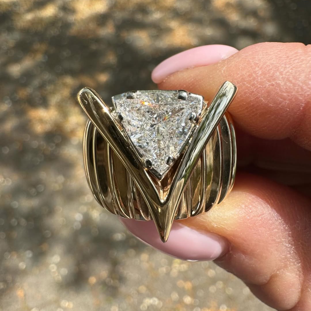 Vintage 1.70 Carat Trillion Cut V Bezel Set Wide Band Ring