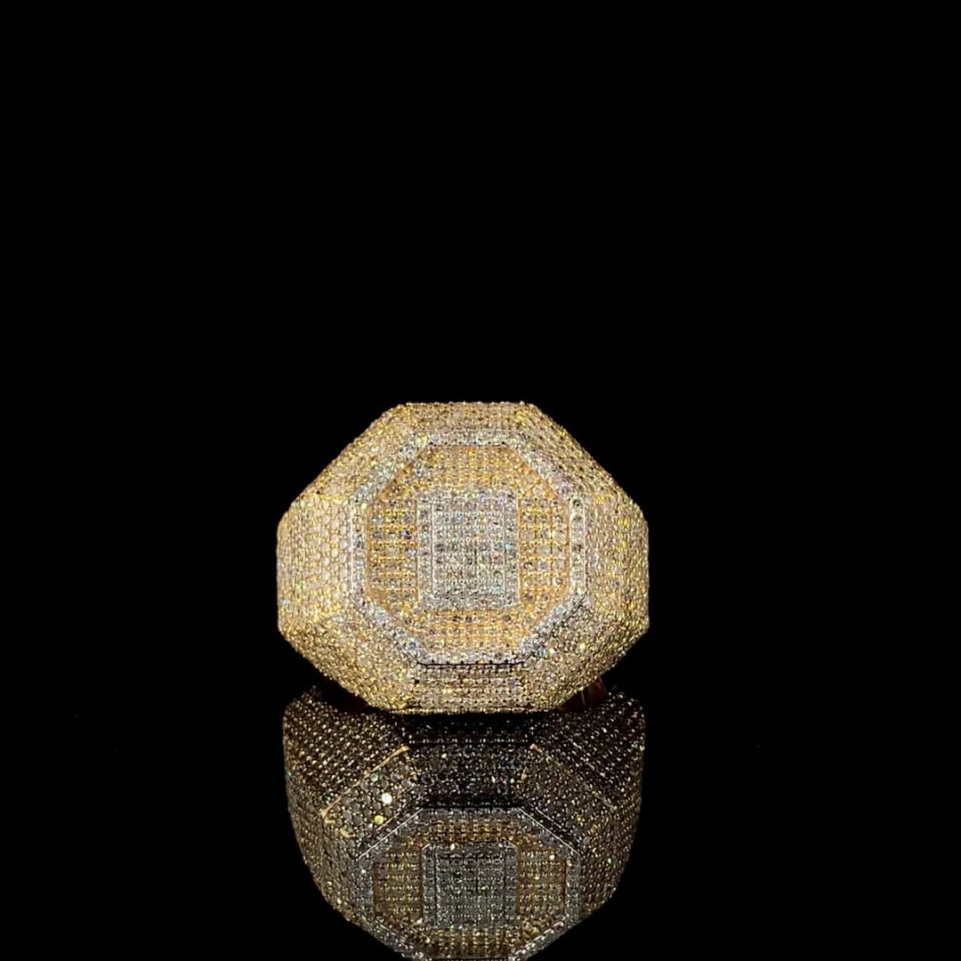 Diamond Inlaid Hexagonal Design Sterling Silver Plated Gold Handmade Ring