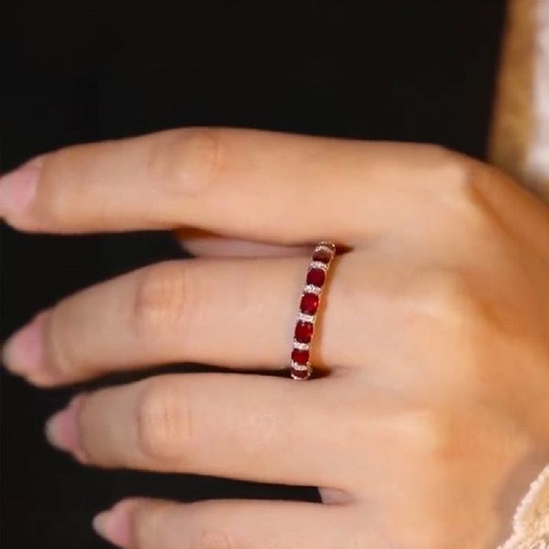 Art Deco Ruby&White Stone Oval Cut Silver Bridal Band