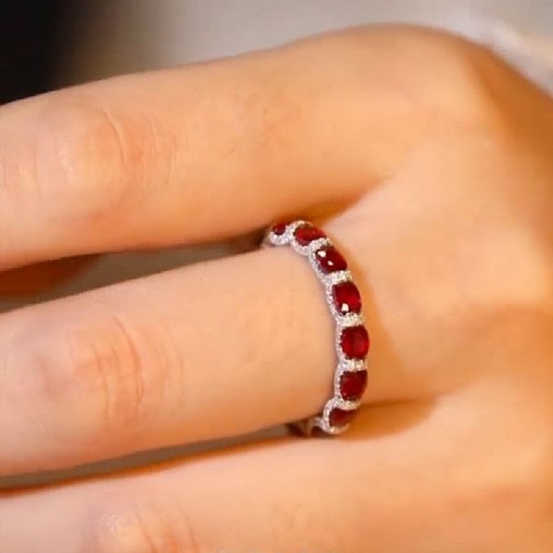 Art Deco Ruby&White Stone Oval Cut Silver Bridal Band