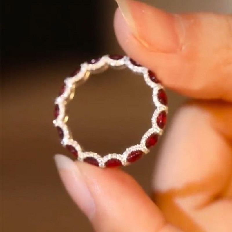 Art Deco Ruby&White Stone Oval Cut Silver Bridal Band