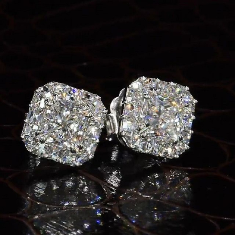 1.5Ct Radiant Cut Paved Diamond Eternity Stud Earrings In Sterling Silver