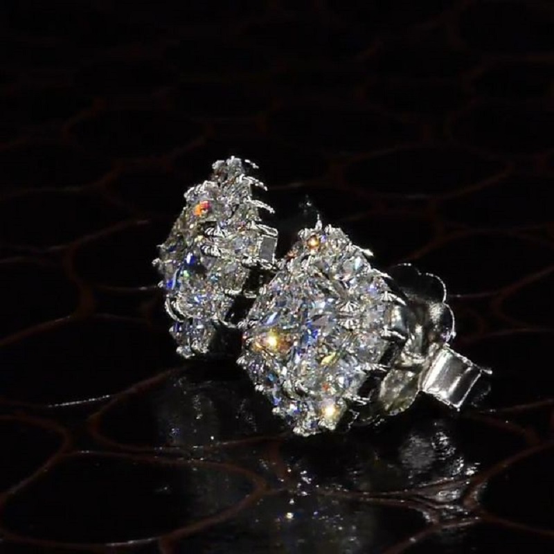 1.5Ct Radiant Cut Paved Diamond Eternity Stud Earrings In Sterling Silver