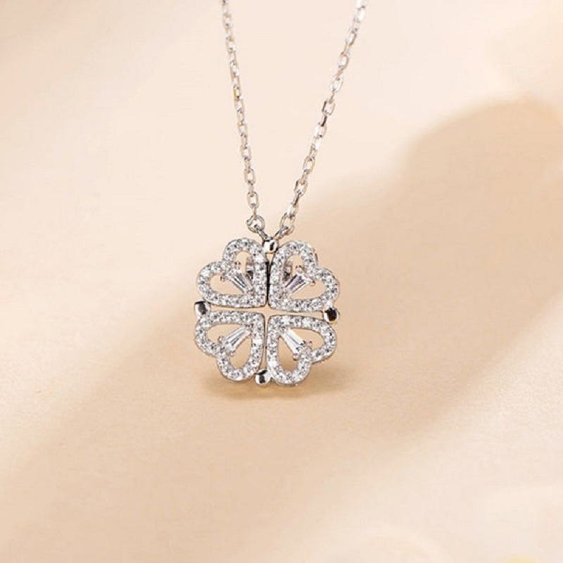 Magnetic Folding Heart Shaped Four Leaf Clover Necklace