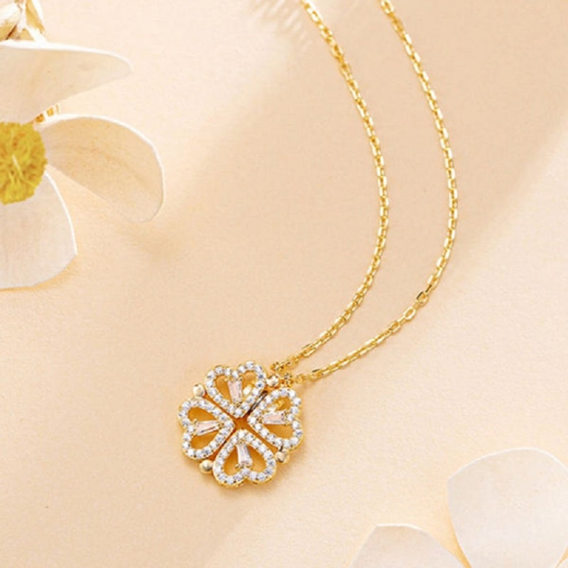 Magnetic Folding Heart Shaped Four Leaf Clover Necklace
