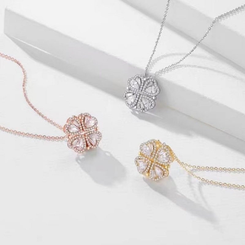 Magnetic Folding Heart Shaped Four Leaf Clover Necklace