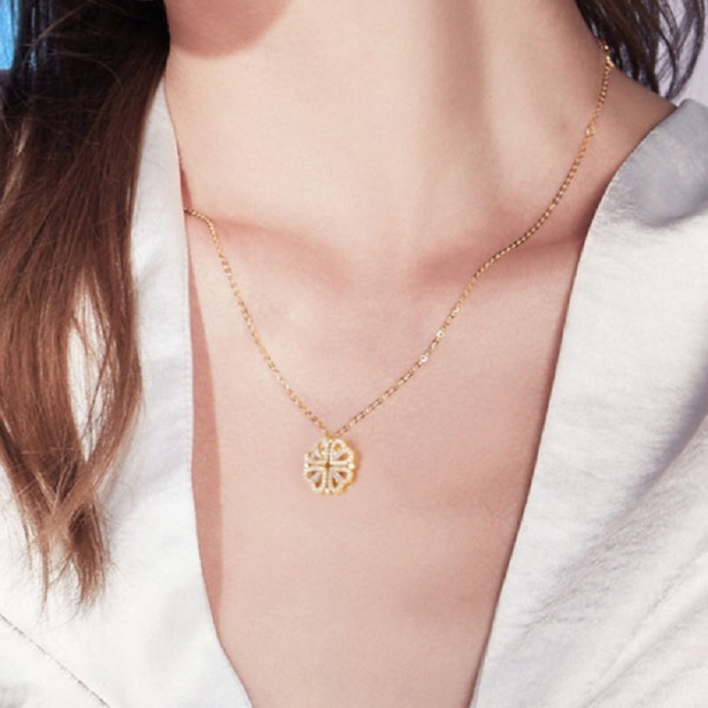 Magnetic Folding Heart Shaped Four Leaf Clover Necklace