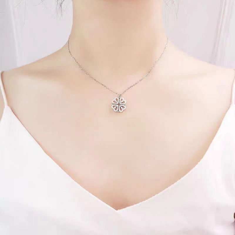 Magnetic Folding Heart Shaped Four Leaf Clover Necklace