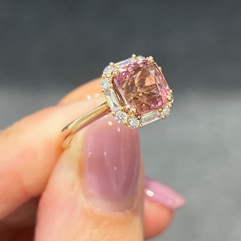 2.96ct Cushion Cut Natural Pink Tourmaline Diamond In 18K Yellow Gold