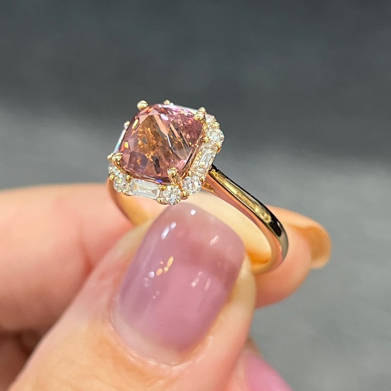 2.96ct Cushion Cut Natural Pink Tourmaline Diamond In 18K Yellow Gold