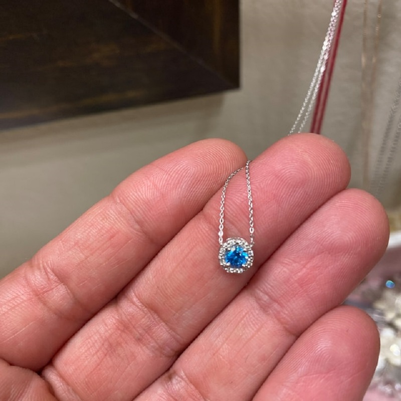14K Solid Gold Genuine Diamond Blue Topaz Necklace