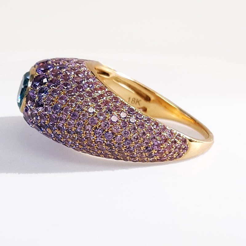 1.0CT Fancy Grayish Bluish Green Diamond & Purple Sapphire 18k Gold