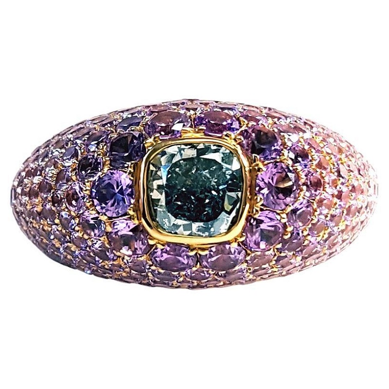 1.0CT Fancy Grayish Bluish Green Diamond & Purple Sapphire 18k Gold