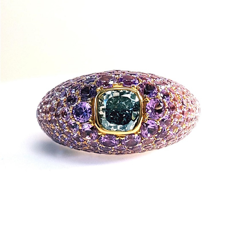 1.0CT Fancy Grayish Bluish Green Diamond & Purple Sapphire 18k Gold