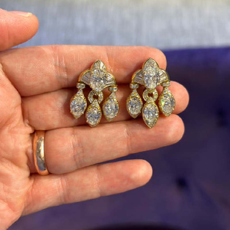 18K Yellow Gold Oval Cut Vintage Diamond Earrings