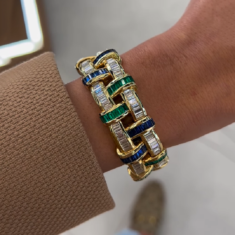 12.30CT Sapphire And Emerald Wide 18 Karat Bracelet